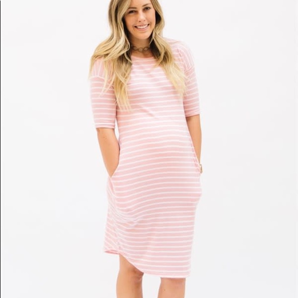 Pink / White stripe Maternity Dress
